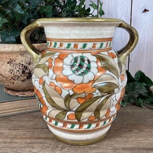 Charlotte Rhead Crown Ducal Pottery Twin Handled Vase Persian Rose Patte…